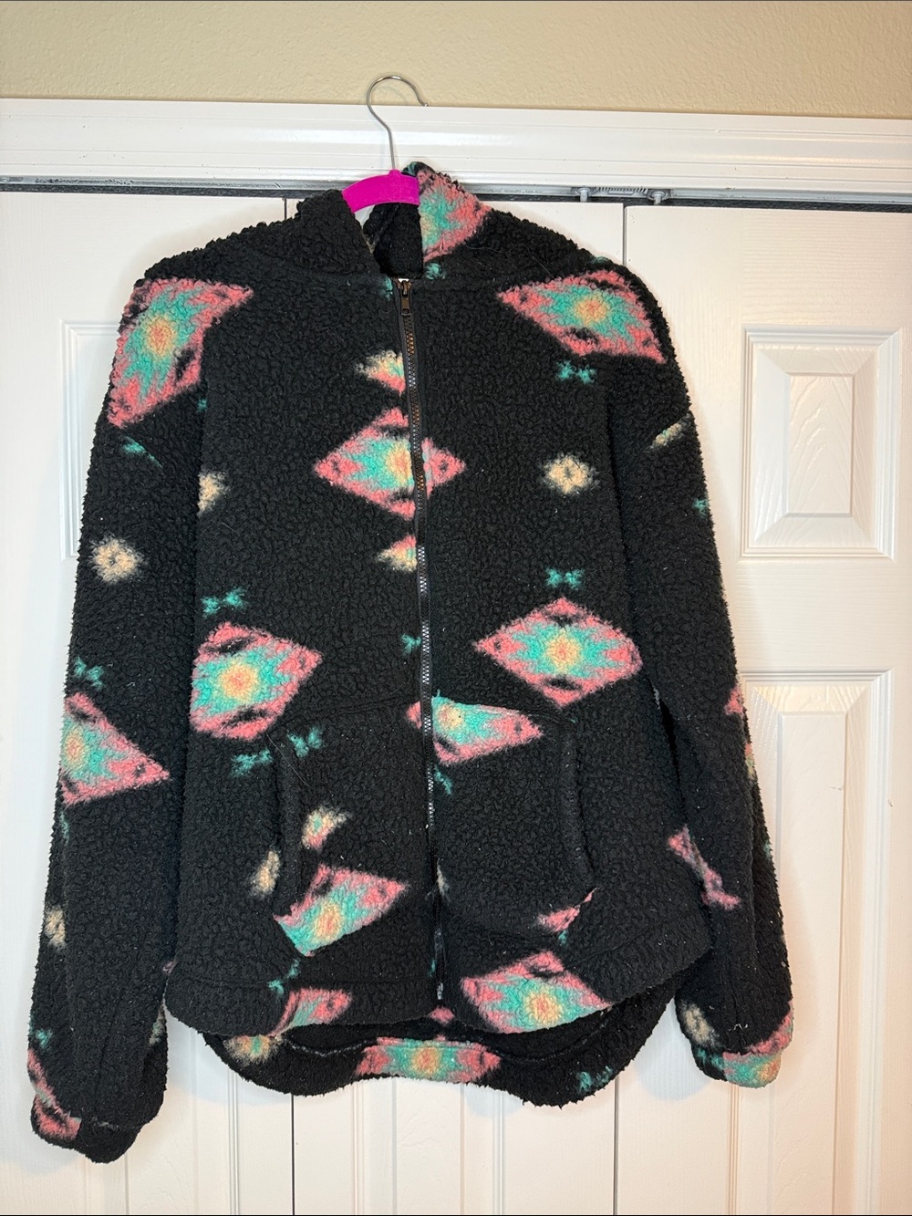 SO Black Teddy Jacket with Turquoise and Pink Aztec Print